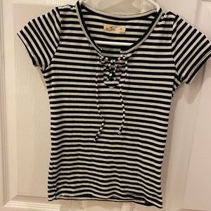 💖Black and white striped lace up short sleeve top
